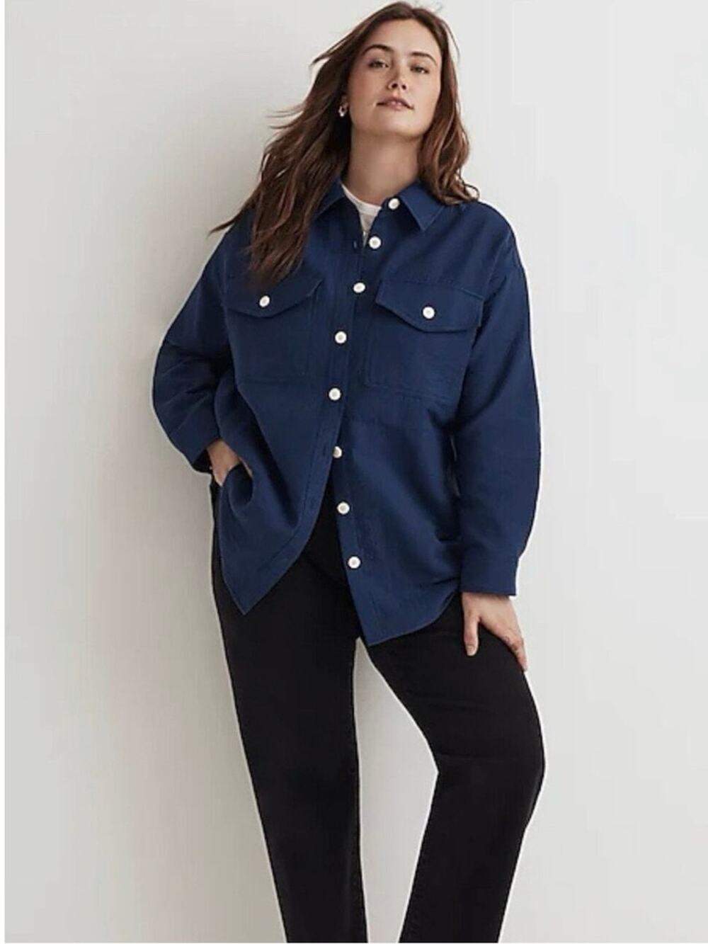 Madewell Navy Stretch Twill Oversized Shirt Jacket Button Front Size XL